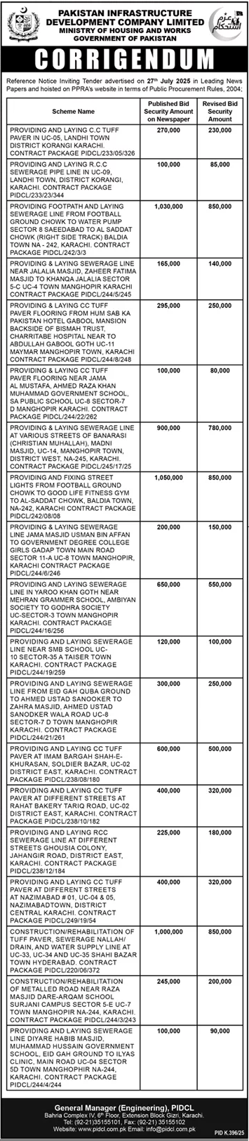 Pakistan Infrastructure Development Company Limited Karachi Tender Notice